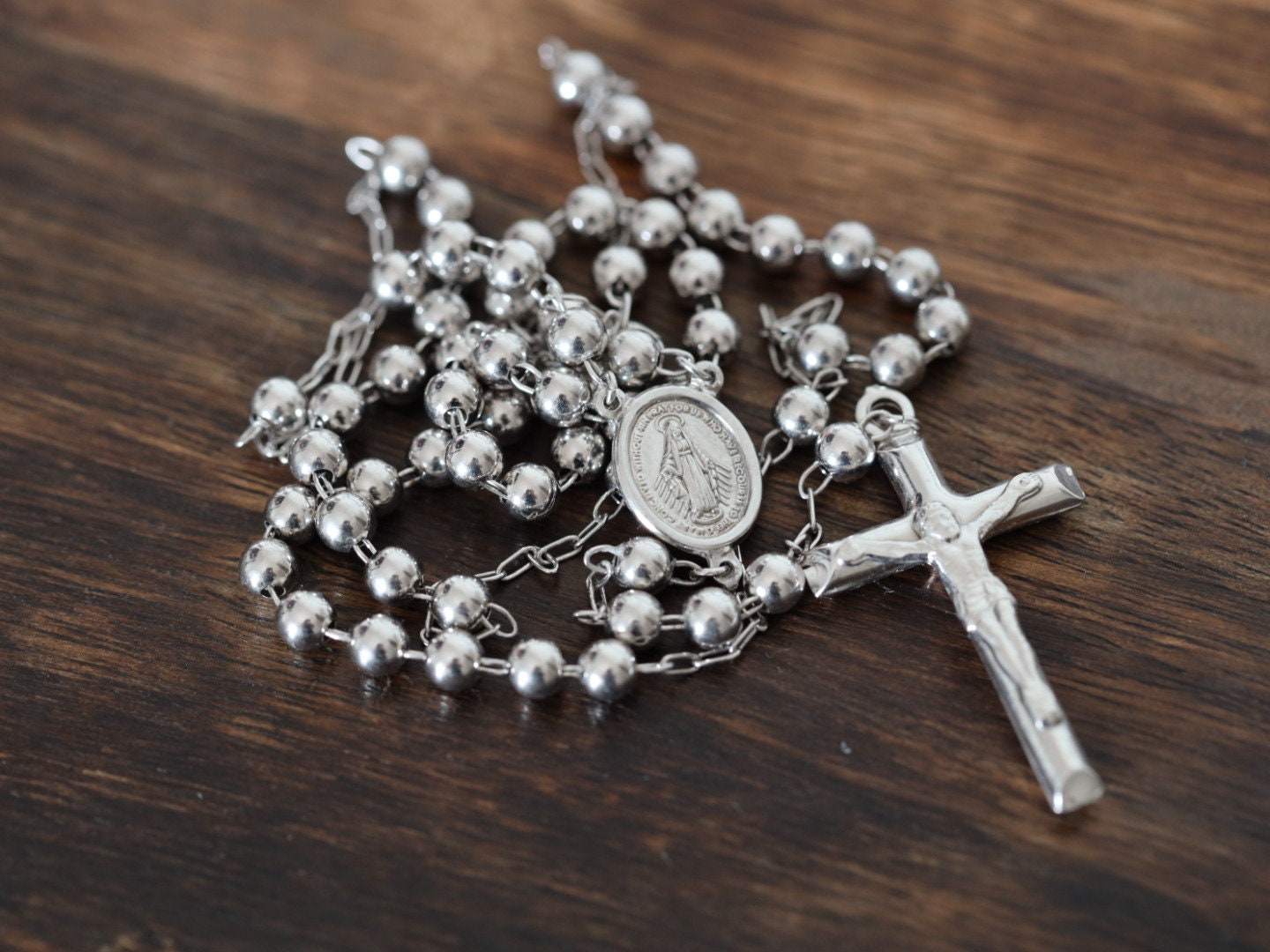 Collar de rosario de plata de ley 925 para hombre, cuentas de rosario católico, Rosario con Medalla Milagrosa para hombre, cuentas de oración de rosario de 25 pulgadas