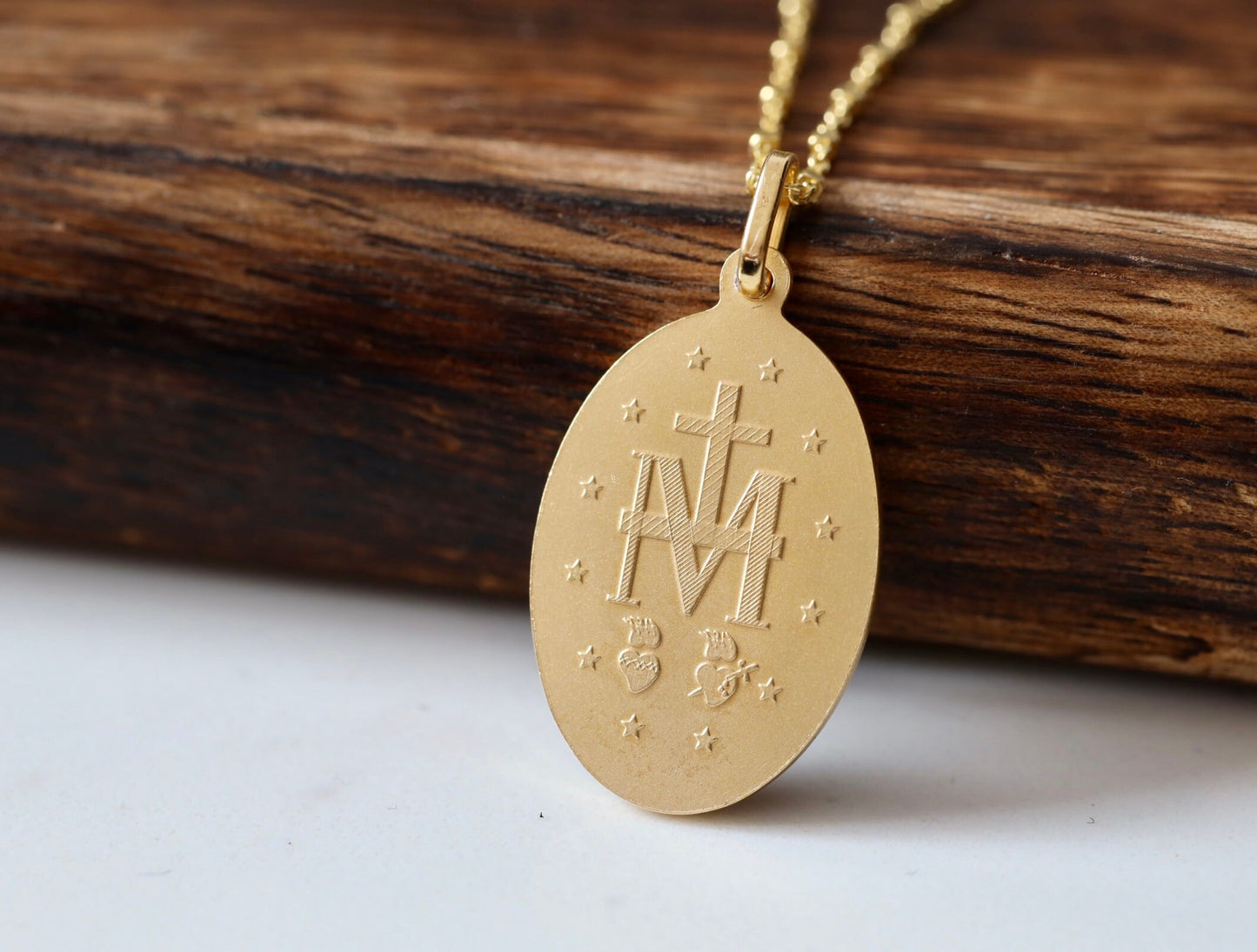 Medalla Milagrosa de plata de primera ley 925 con baño de oro de 18 kt, collar de plata relleno de oro de 18 pulgadas de Nuestra Señora de Gracia, colgante de la Medalla Milagrosa