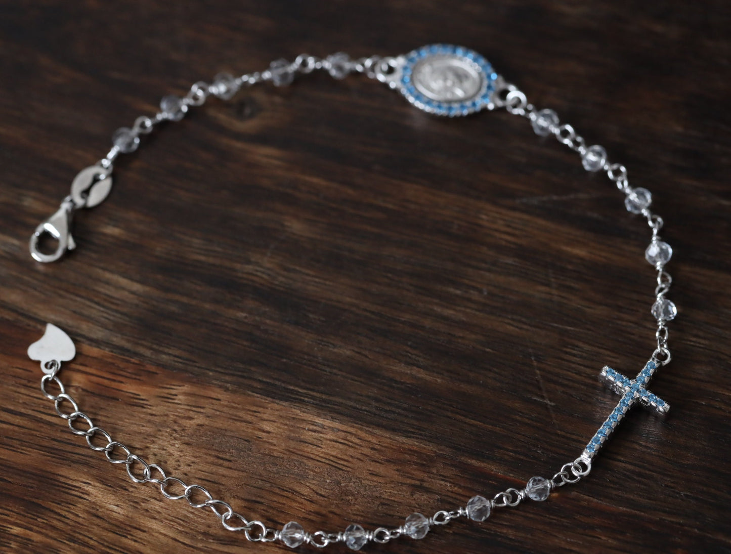 Pulsera de rosario de plata de ley para mujer con medalla milagrosa, pulsera de cuentas de rosario para damas, pulsera de cuentas de rosario de cristal delicado