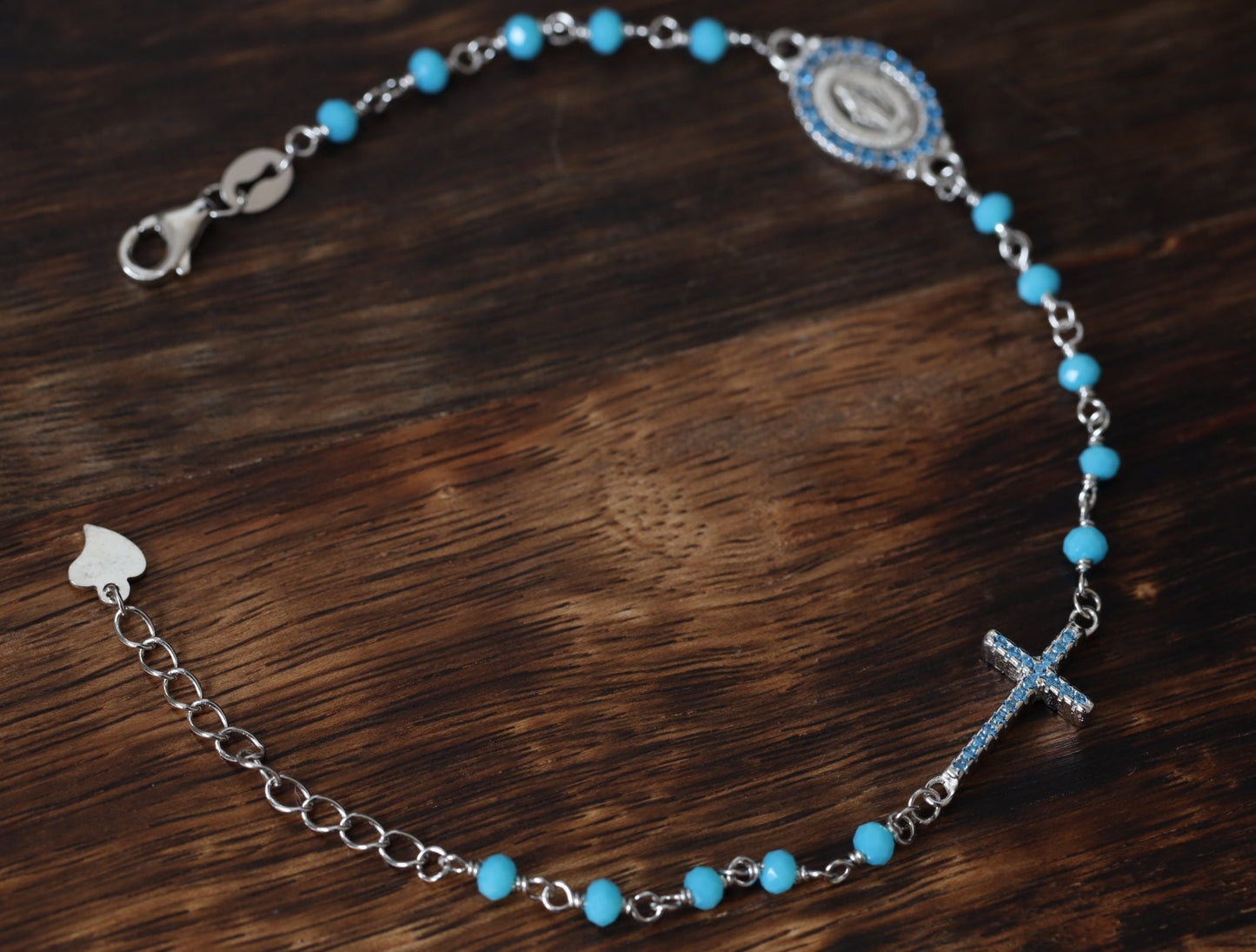 Pulsera de cuentas de rosario turquesa para mujer, pulsera de rosario de plata de ley, pulsera de rosario Medalla Milagrosa, pulsera de cuentas de rosario delicado