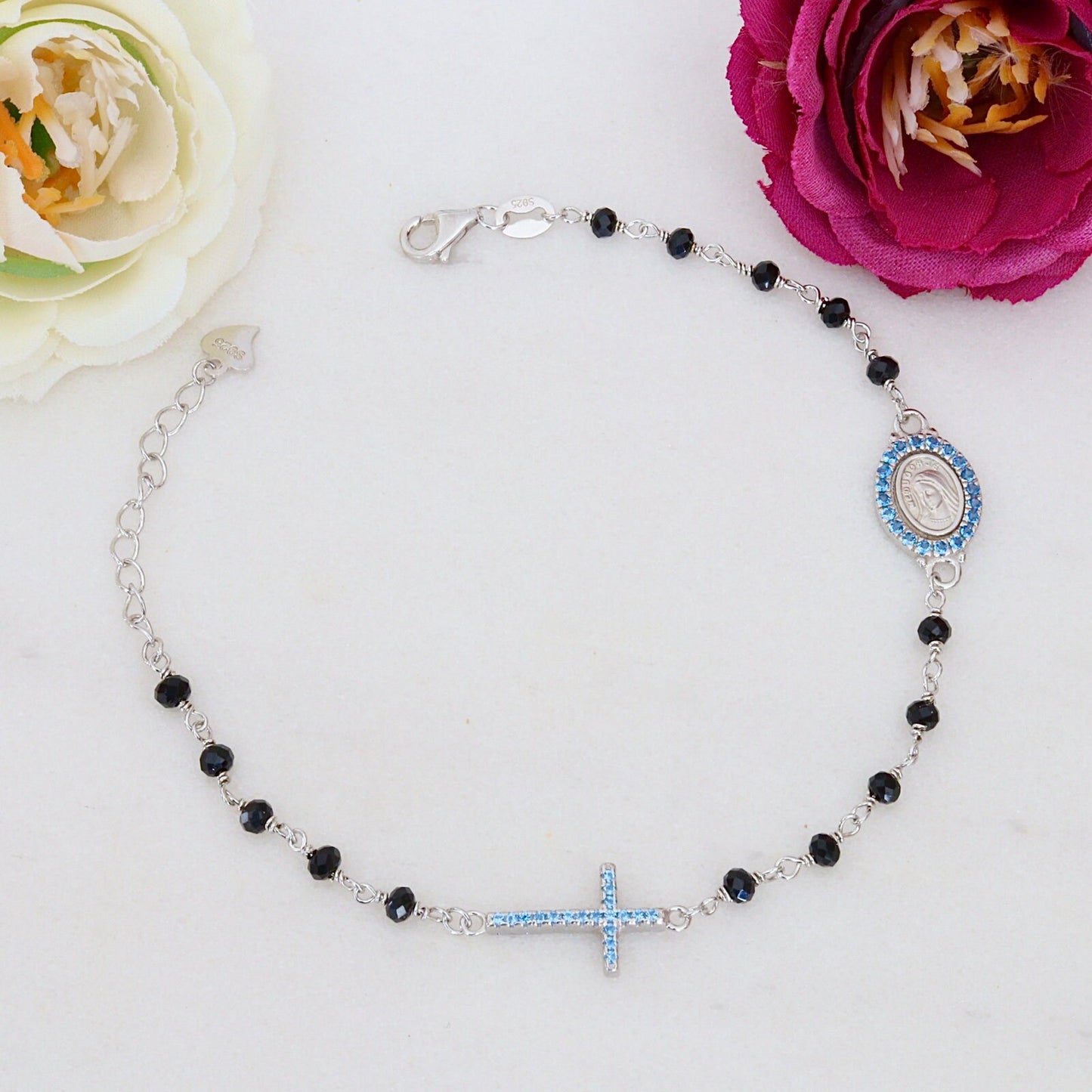 Pulsera de rosario de turmalina negra de plata de ley para mujer, pulsera de rosario delicado negro con Medalla Milagrosa, rosario de plata en miniatura