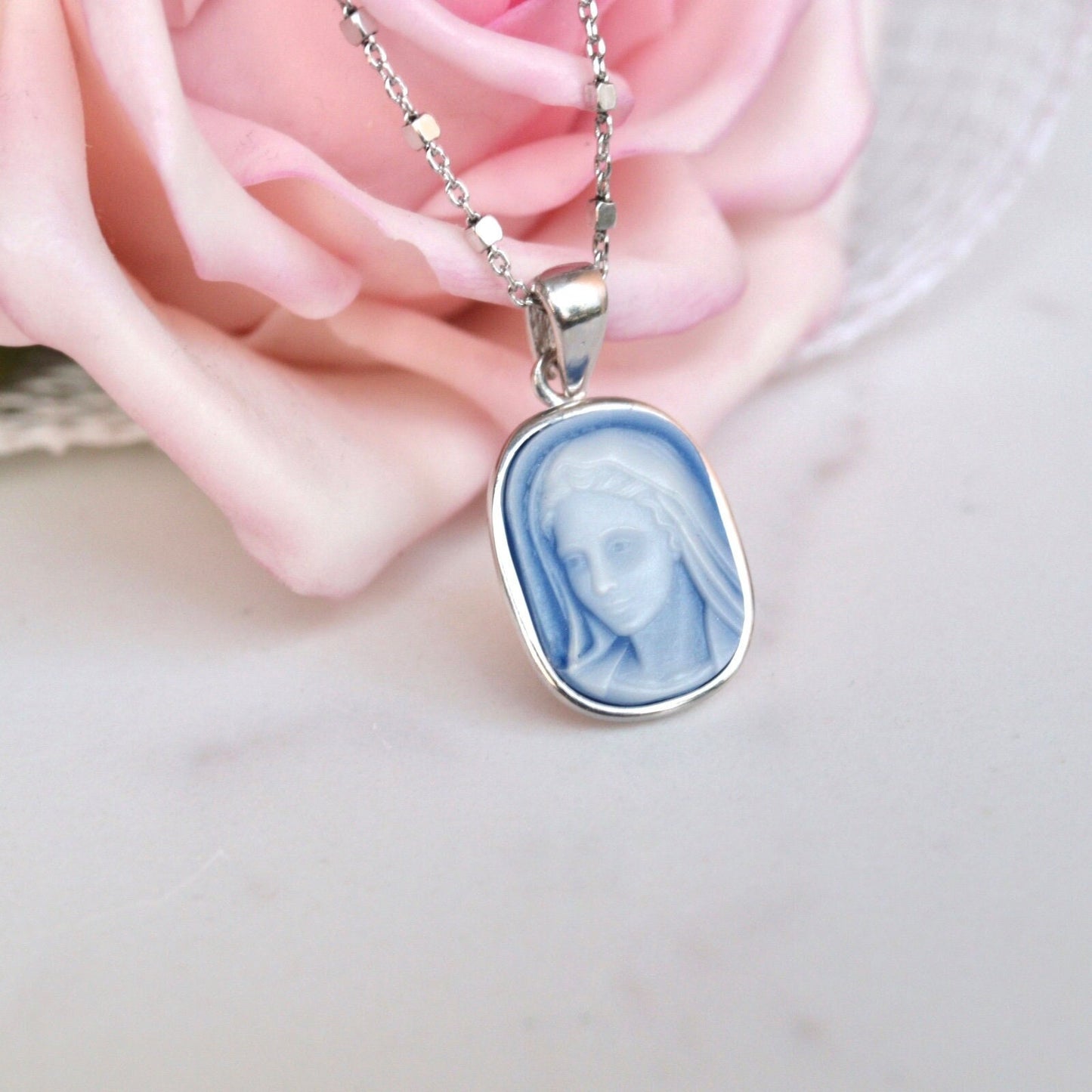 Medjugorje cameo medal of Our Lady Virgin Mary, sterling silver Medjugorje cameo necklace, blue agate Virgin Mary of Medjugorje pendant