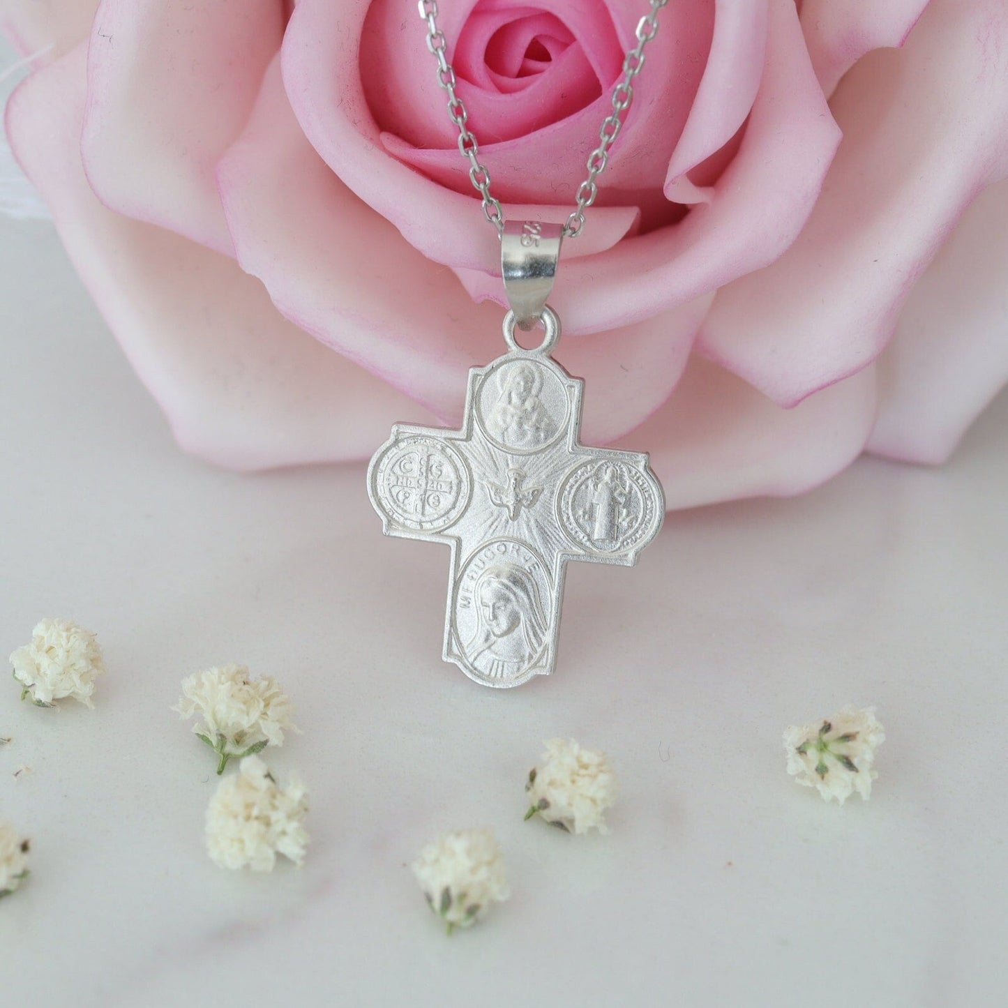 Pequeña cruz de cuatro vías, 4 WAY CROSS, cruz de cuatro vías de plata de ley, cruz con Sagrado Corazón Nuestra Señora Espíritu Santo y San Benito
