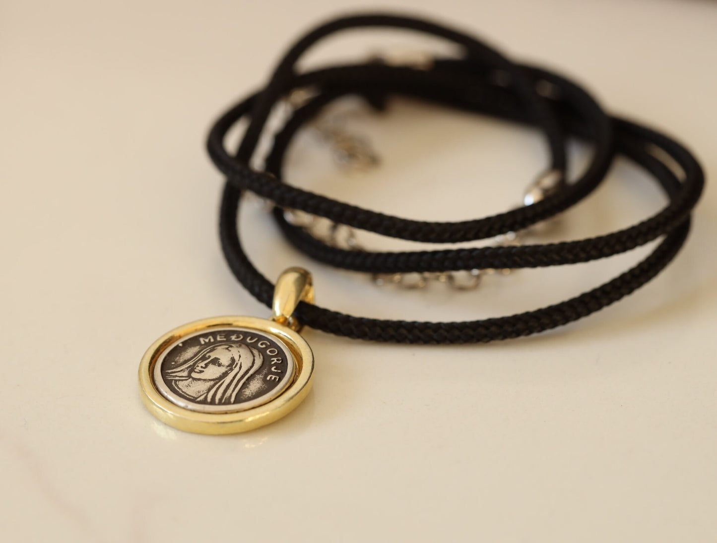 Medjugorje medal , Queen of Peace pendant,antiqued Mother Mary pendant with gold plating in silver, vintage pendant Our Lady of Medjugorje
