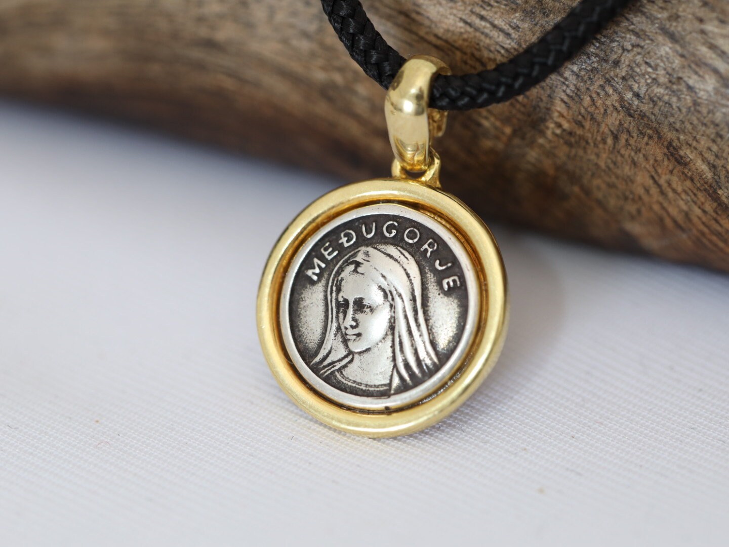 Medjugorje medal , Queen of Peace pendant,antiqued Mother Mary pendant with gold plating in silver, vintage pendant Our Lady of Medjugorje