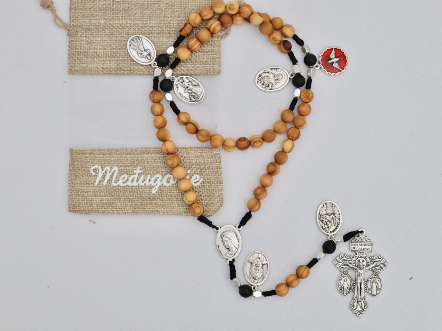 Rosario de madera, rosario de crucifijo de perdón, cruz de San Benito, Medalla Milagrosa, rosario de madera de olivo, cuentas de rosario católico, cruz de plata del perdón