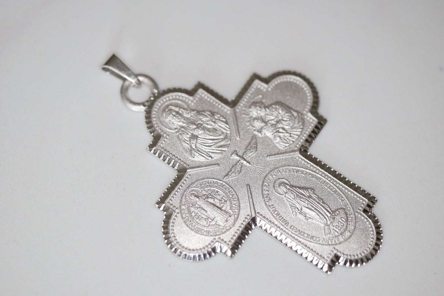 Four way cross for man, sterling silver four way cross, four way pectoral cross with catholic saints, four way cross with Miraculous Medal
