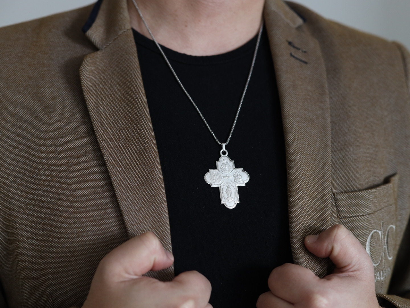 Four way cross for man, sterling silver four way cross, four way pectoral cross with catholic saints, four way cross with Miraculous Medal