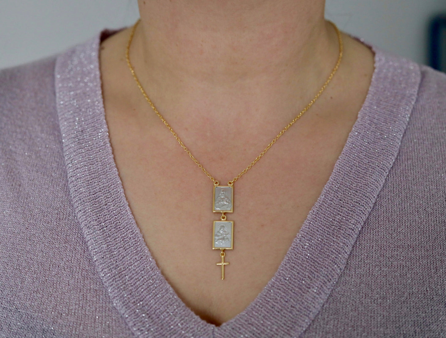 Collar escapulario de dos tonos, collar escapulario chapado en oro de plata de primera ley 925, collar de plata del Sagrado Corazón de Jesús y Nuestra Señora del Monte Carmelo