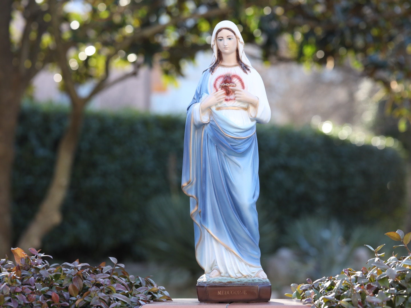 Estatua del Inmaculado Corazón de María, estatua al aire libre de la Virgen María, estatua de 25 pulgadas de Nuestra Señora, estatua del Sagrado Corazón de Medjugorje en polvo de mármol