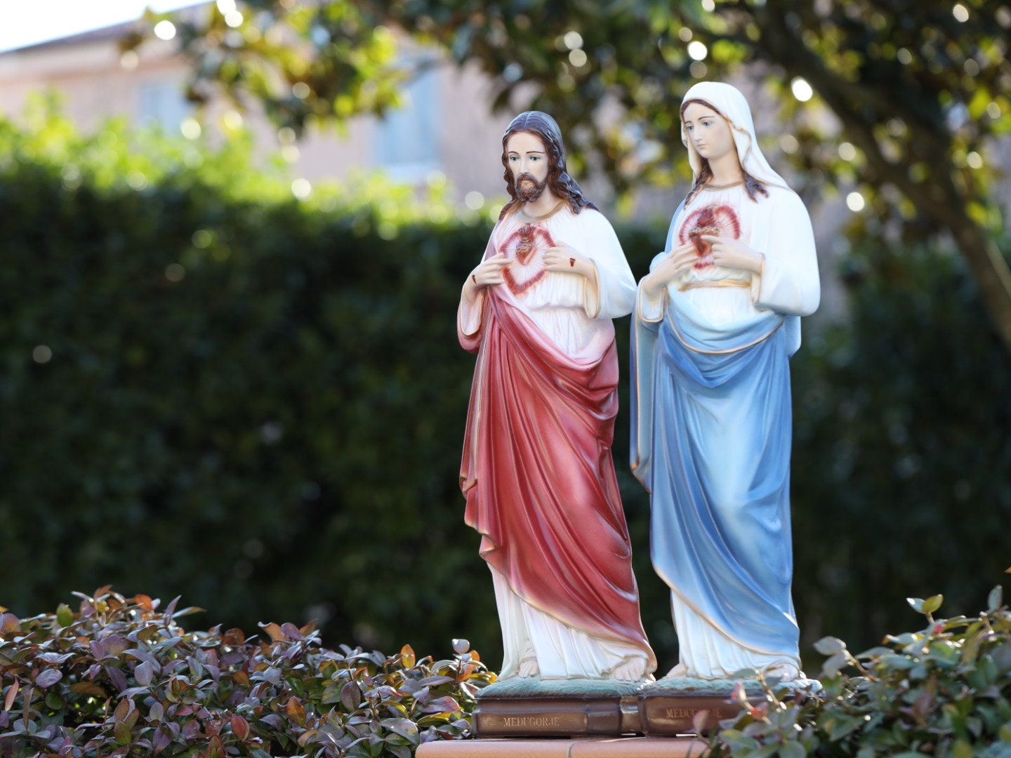 Sagrado Corazón y Corazón Inmaculado de Jesús y María, estatua exterior de Jesús y María de 25 pulgadas, estatua de polvo de mármol de Jesucristo y María