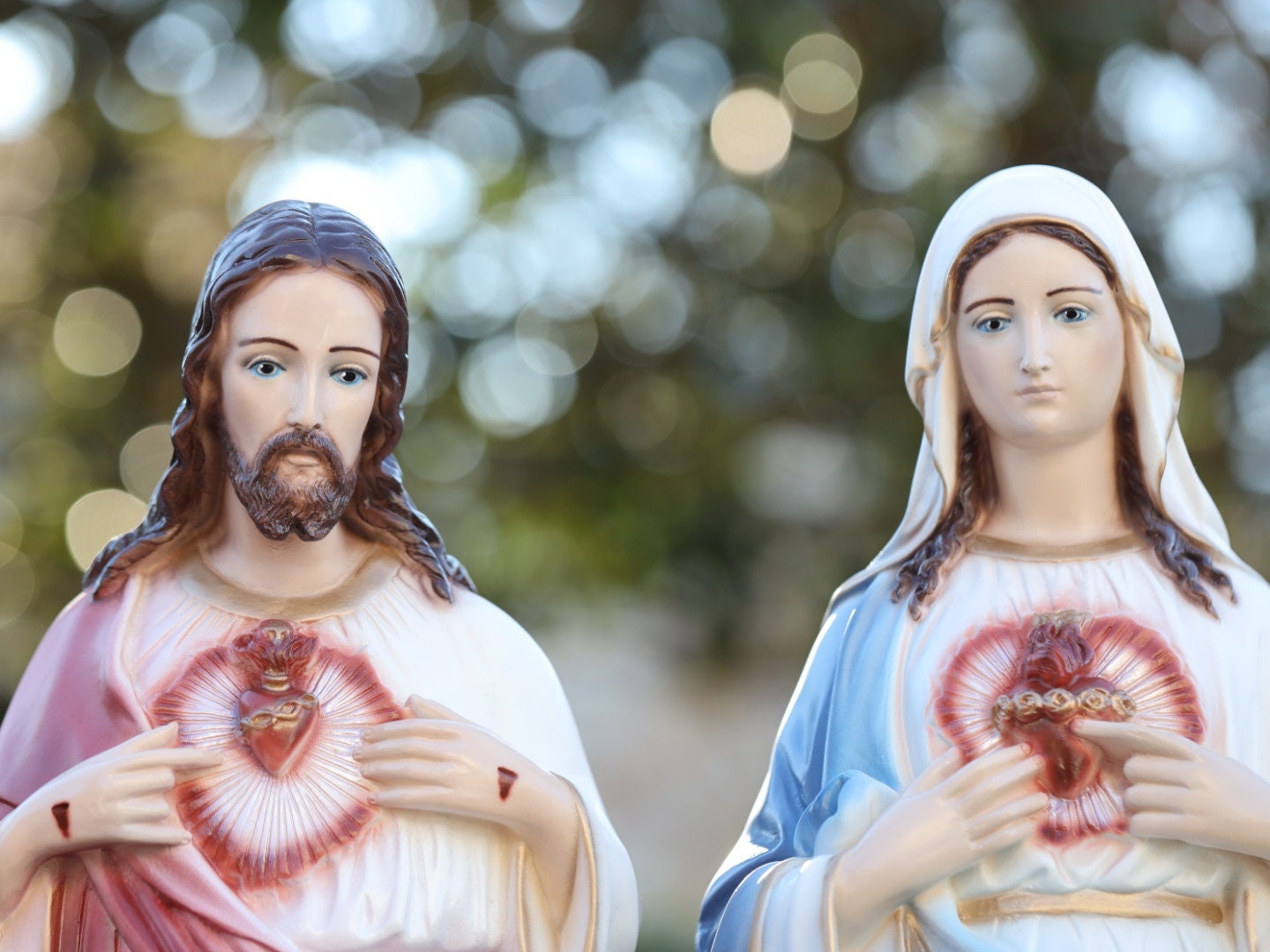 Sagrado Corazón y Corazón Inmaculado de Jesús y María, estatua exterior de Jesús y María de 25 pulgadas, estatua de polvo de mármol de Jesucristo y María
