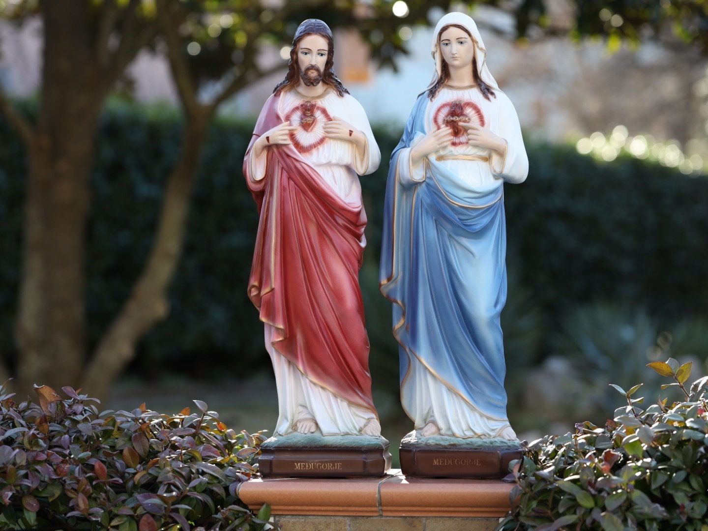 Sagrado Corazón y Corazón Inmaculado de Jesús y María, estatua exterior de Jesús y María de 25 pulgadas, estatua de polvo de mármol de Jesucristo y María