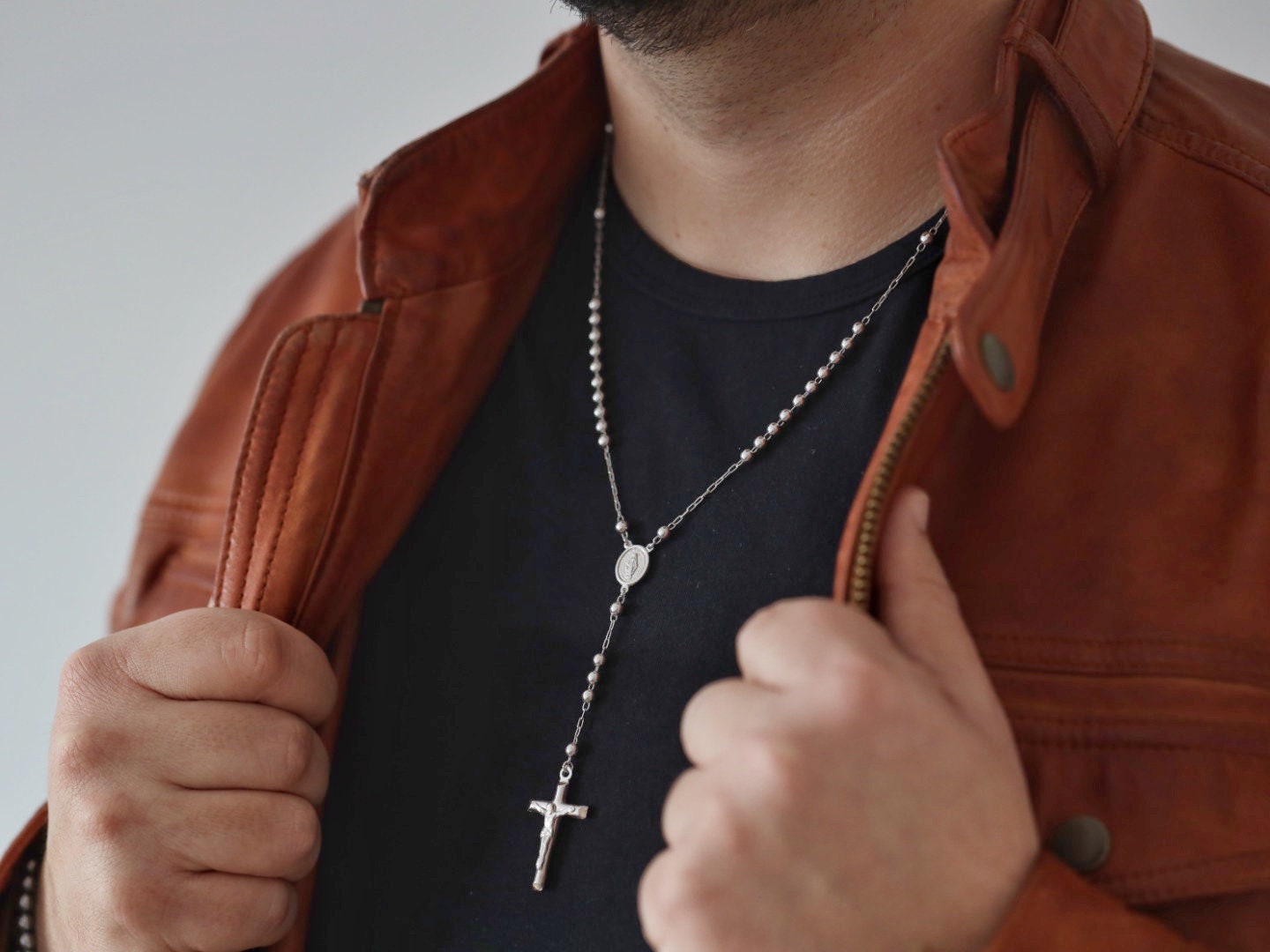 Collar de cuentas de rosario de plata de ley 925 para hombre, rosario de collar de Medalla Milagrosa, collar de rosario sin deslustre con Nuestra Señora de Gracia
