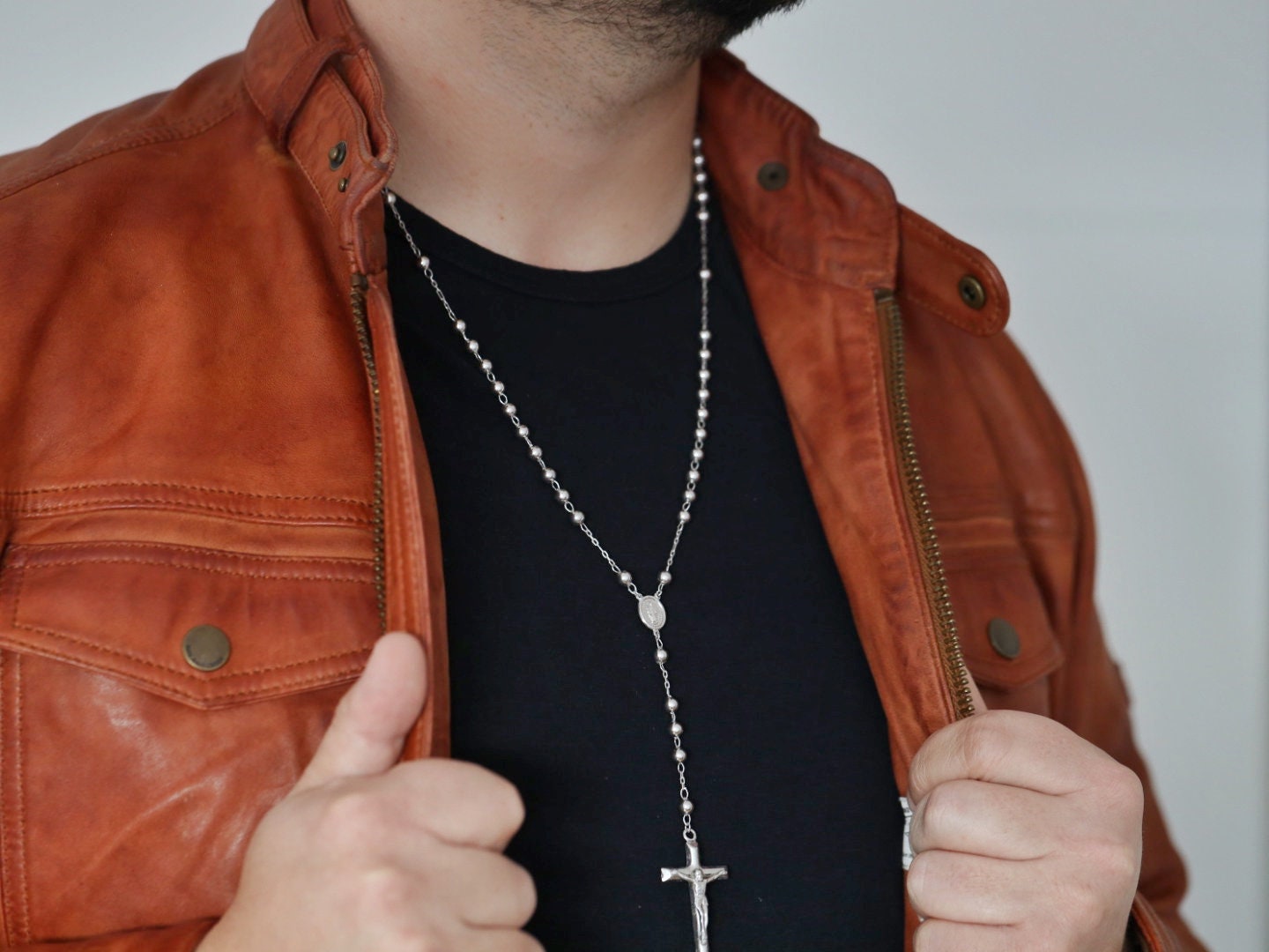 Collar de rosario de plata de ley 925 para hombre, cuentas de rosario católico, Rosario con Medalla Milagrosa para hombre, cuentas de oración de rosario de 25 pulgadas