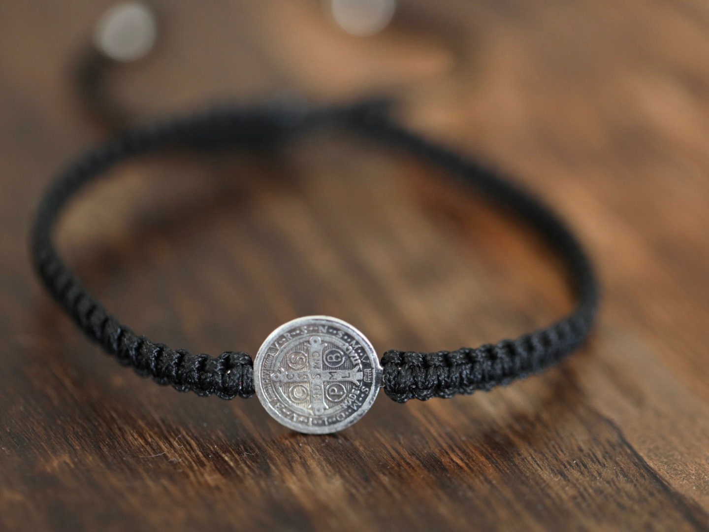 Saint Benedict miniature sterling silver bracelet, macrame handmade bracelet St Benedict cross medal, Medjugorje made St Benedict bracelet