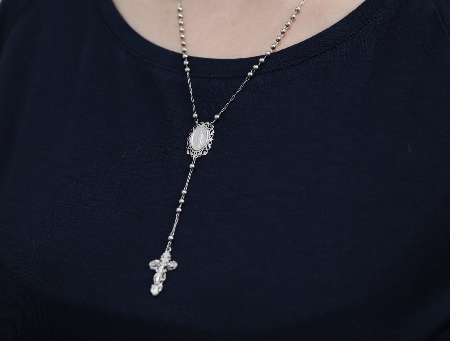 Collar de rosario de filigrana de Medalla Milagrosa de plata de ley, cuentas de rosario de filigrana para dama, rosario de plata de Nuestra Señora de Gracia con medalla de filigrana