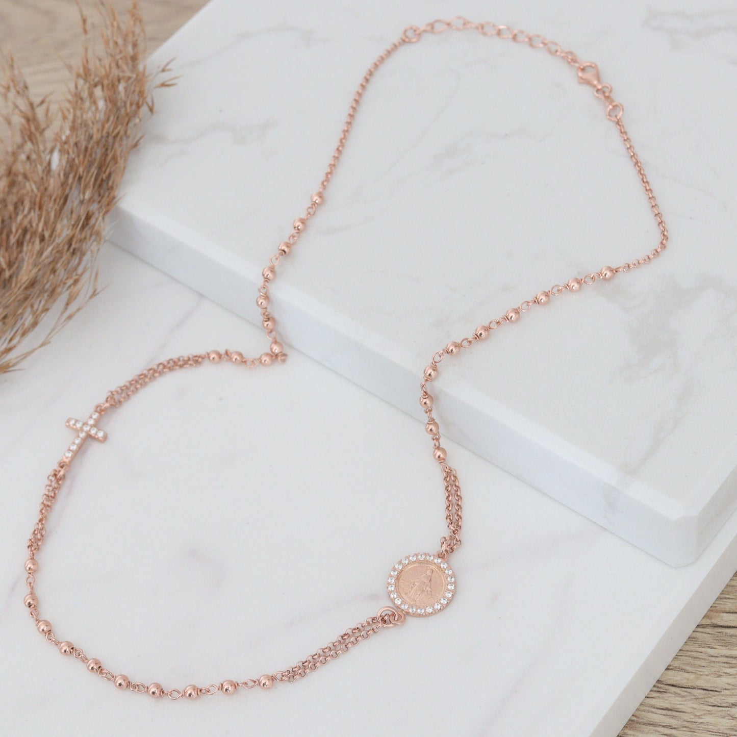 Collar de rosario relleno de oro rosa para mujer, collar de cuentas de plata de ley 925, collar de rosario de medalla milagrosa de 18 pulgadas, collar con Cz