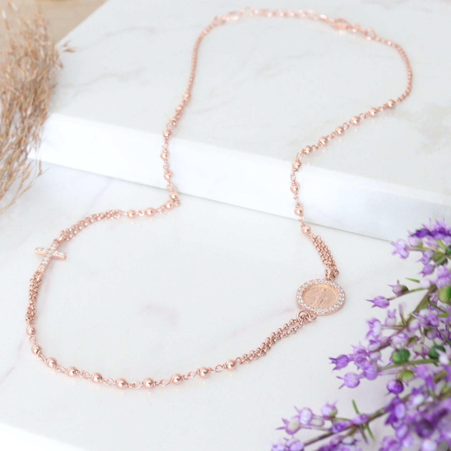 Collar de rosario relleno de oro rosa para mujer, collar de cuentas de plata de ley 925, collar de rosario de medalla milagrosa de 18 pulgadas, collar con Cz
