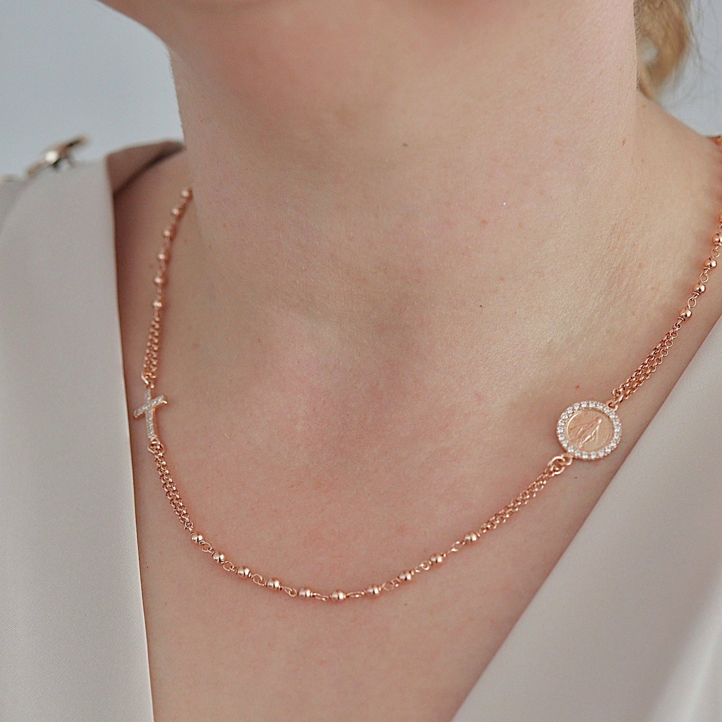 Collar de rosario relleno de oro rosa para mujer, collar de cuentas de plata de ley 925, collar de rosario de medalla milagrosa de 18 pulgadas, collar con Cz