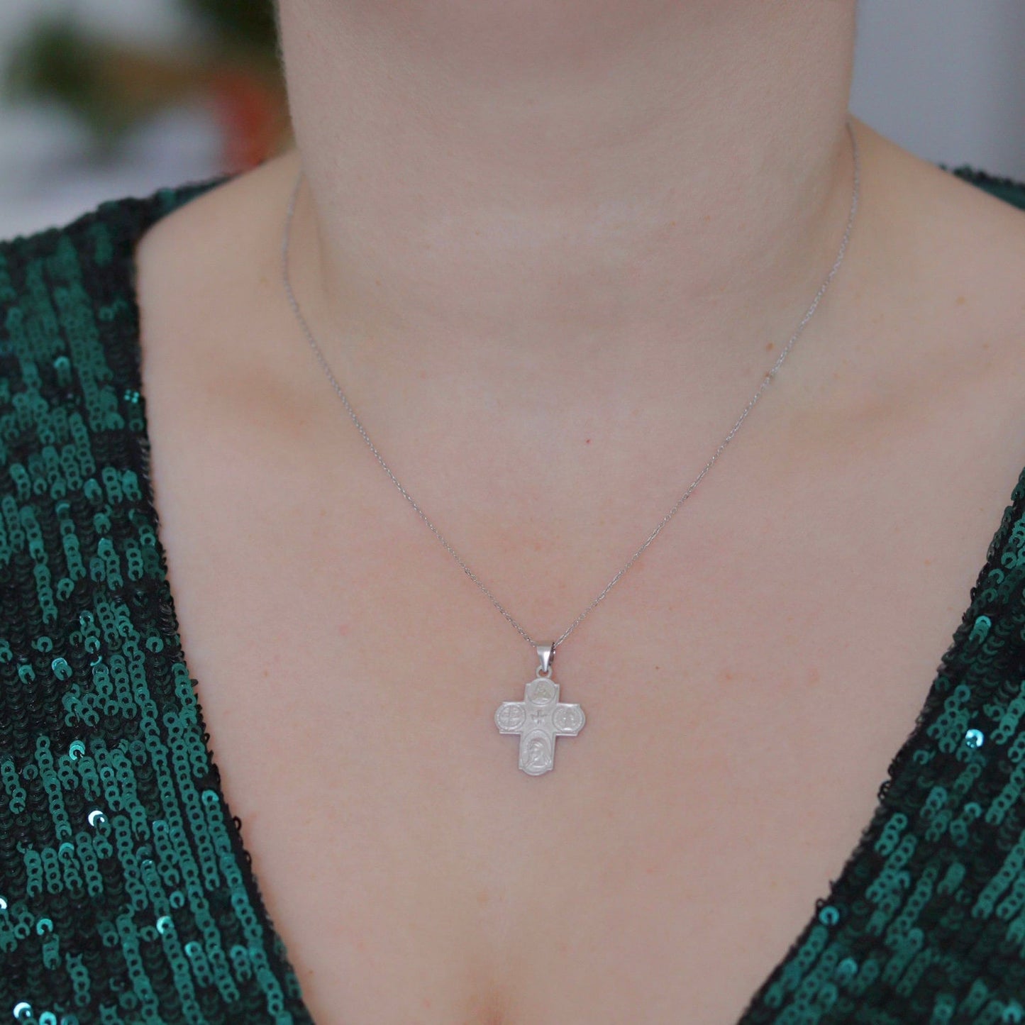 Pequeña cruz de cuatro vías, 4 WAY CROSS, cruz de cuatro vías de plata de ley, cruz con Sagrado Corazón Nuestra Señora Espíritu Santo y San Benito