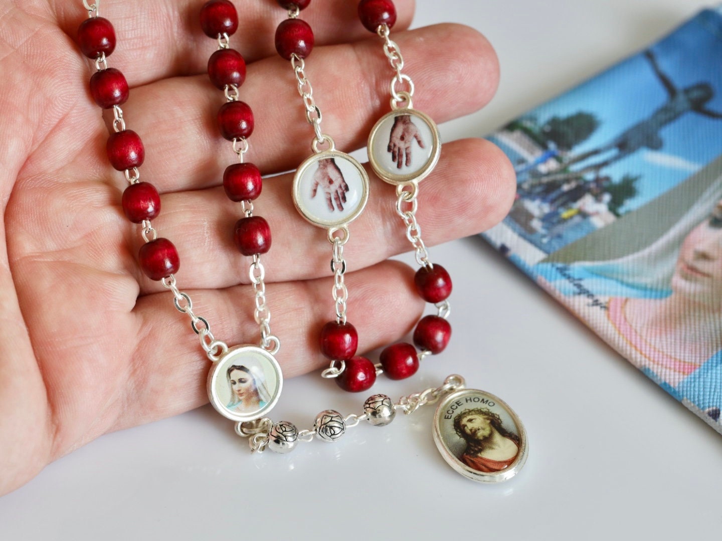 Cinco heridas del rosario de Jesús, rosario de madera con las heridas de Jesucristo, rosario católico devocional de Medjugorje a las heridas de Jesús