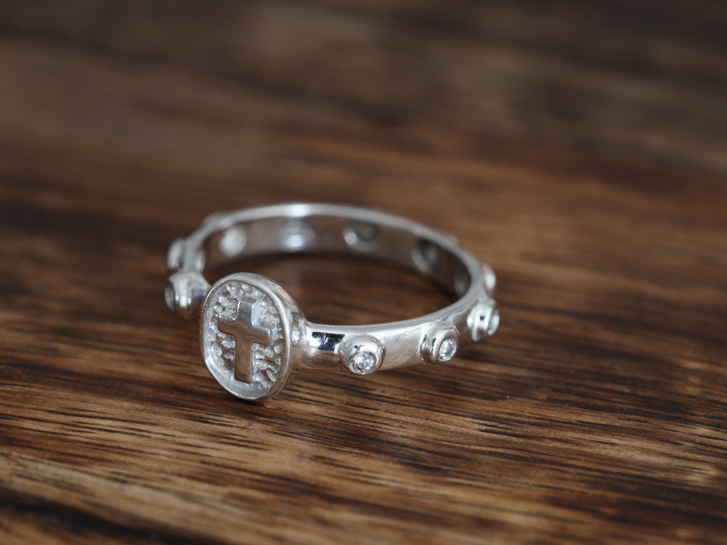 Anillo de rosario, anillo de plata de ley, anillo de rosario de oración, rosario de plata de ley 925, cuentas de rosario de dedo, anillo cruzado, rosario con circonio cúbico