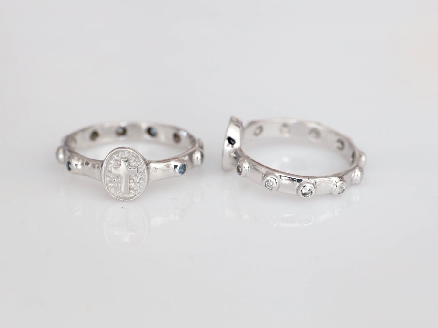 Anillo de rosario, anillo de plata de ley, anillo de rosario de oración, rosario de plata de ley 925, cuentas de rosario de dedo, anillo cruzado, rosario con circonio cúbico