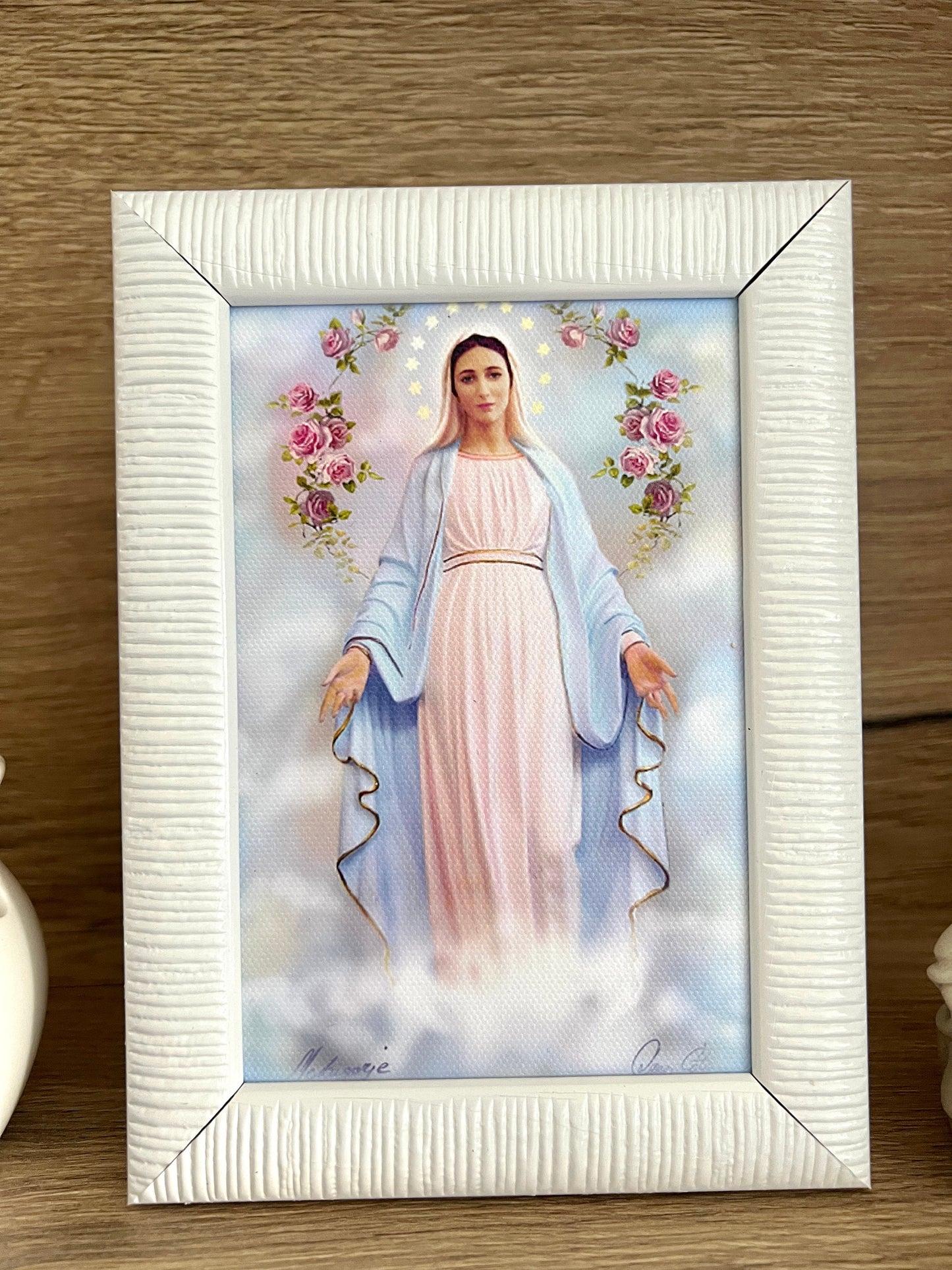 Pequeño lienzo de Nuestra Señora de Gracia, impresión de lienzo de la Virgen María, marco de imagen de la Virgen María, lienzo enmarcado de Medjugorje, marco de mesa de la Virgen María