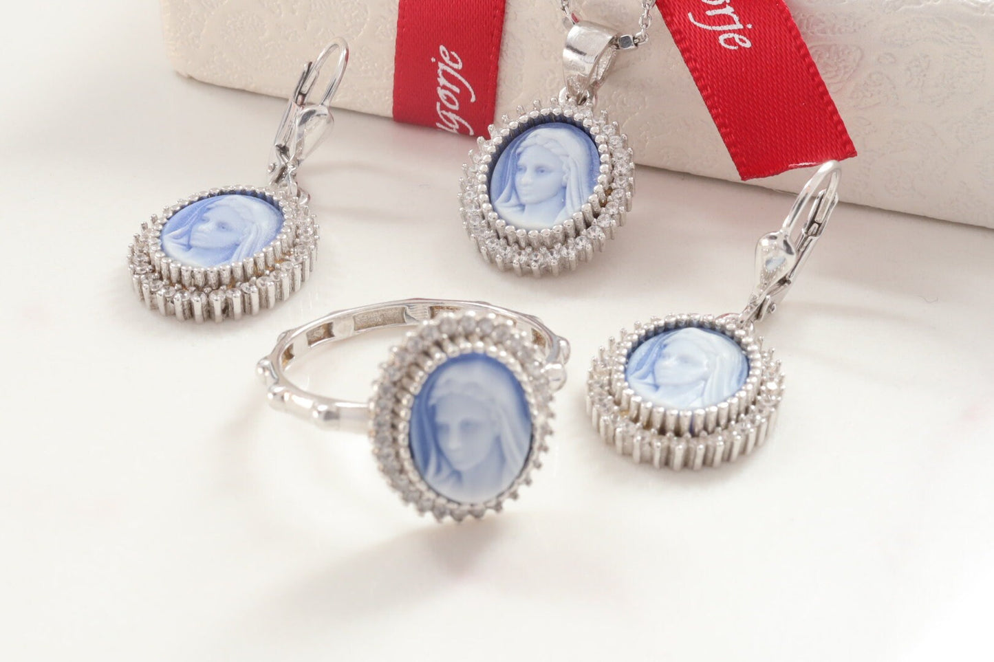 Conjunto de joyas de camafeo de Nuestra Señora de Gracia, kit de pendientes y colgante de anillo de collar de la Virgen María, conjunto de joyas de plata de ley 925 de Medjugorje para mujer,