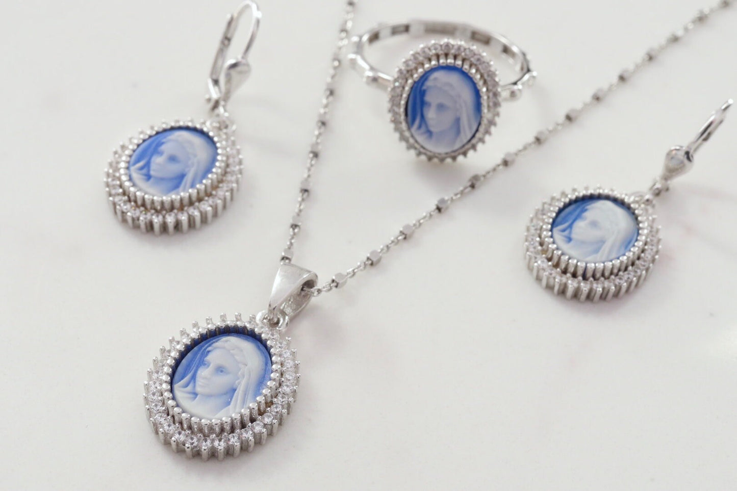 Conjunto de joyas de camafeo de Nuestra Señora de Gracia, kit de pendientes y colgante de anillo de collar de la Virgen María, conjunto de joyas de plata de ley 925 de Medjugorje para mujer,