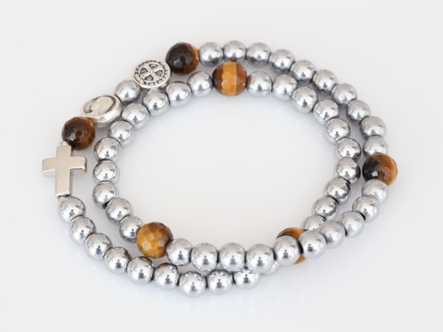 Rosario de pulsera doble de San Benito, pulsera de rosario completo de hematita plateada Medjugorje, pulsera ajustable de cuentas de rosario de cinco décadas