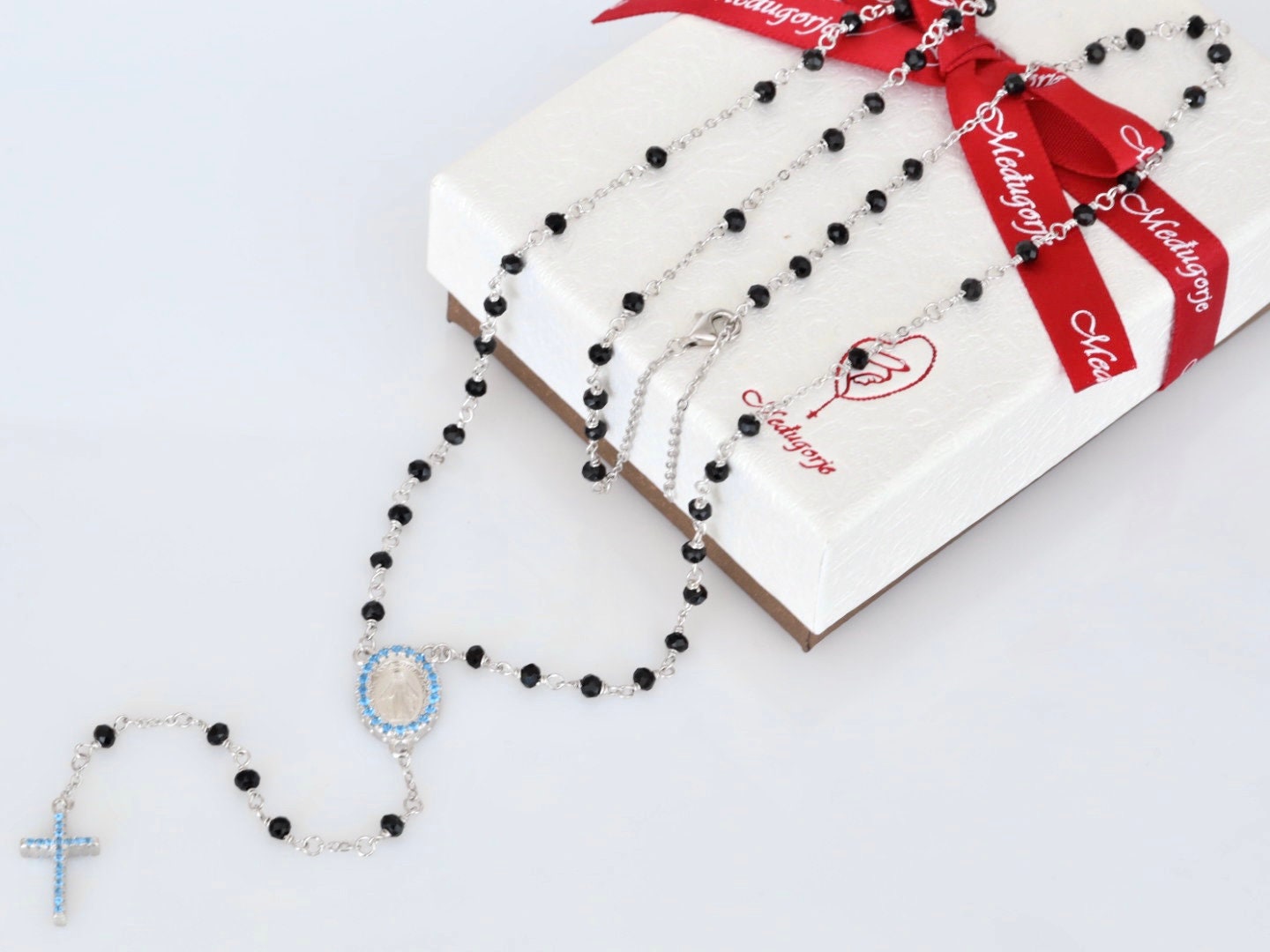 Collar rosario, plata de primera ley 925, collar de ónix negro estilo minimalista, delicado rosario con Meda Milagrosa, regalo para mujer o adolescente