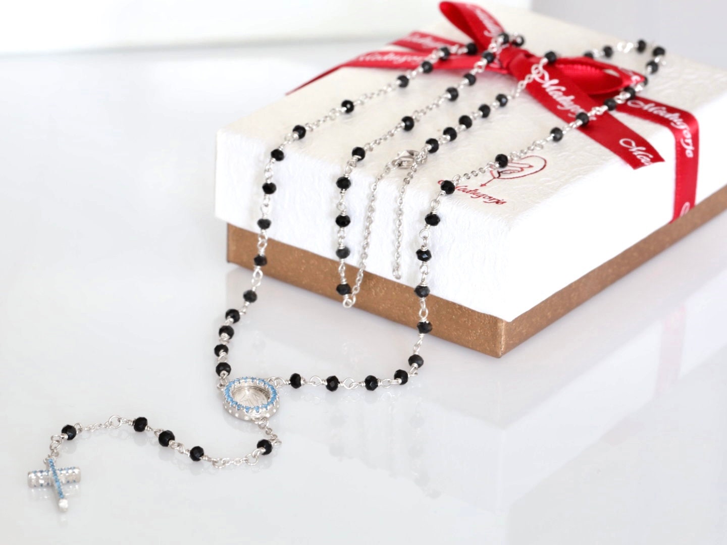 Collar rosario, plata de primera ley 925, collar de ónix negro estilo minimalista, delicado rosario con Meda Milagrosa, regalo para mujer o adolescente