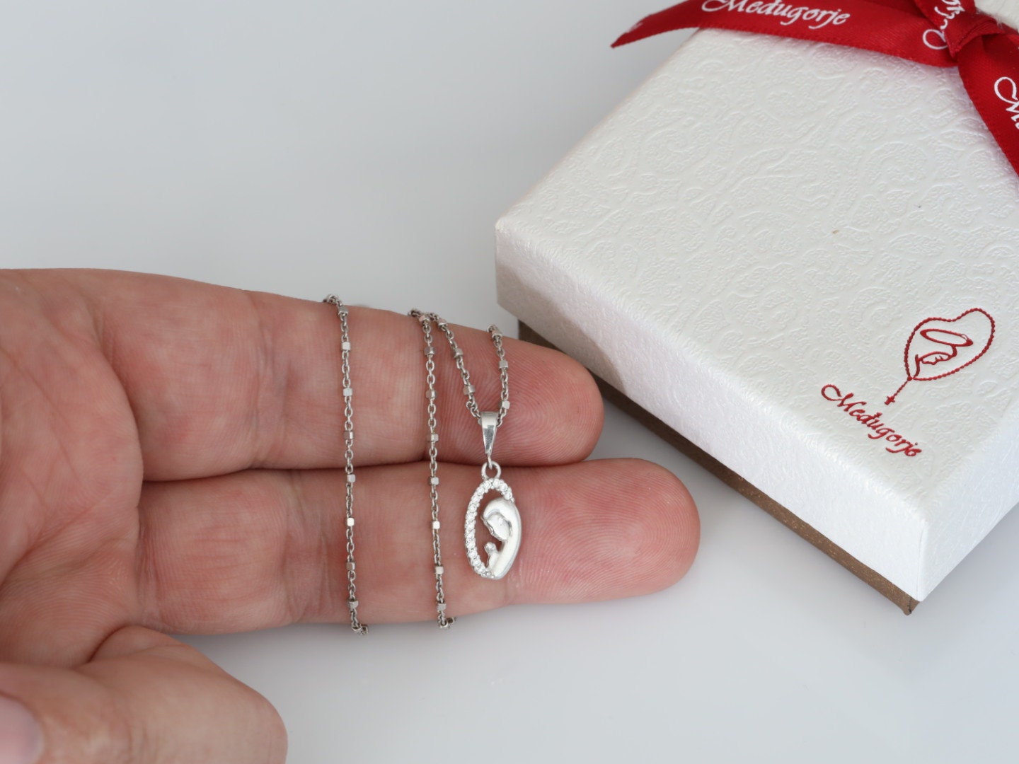 Minimalist medal of Our Lady, Virgin Mary miniature pendant, Our Lady dainty sterling silver pendant with cubic zirconium,catholic necklace