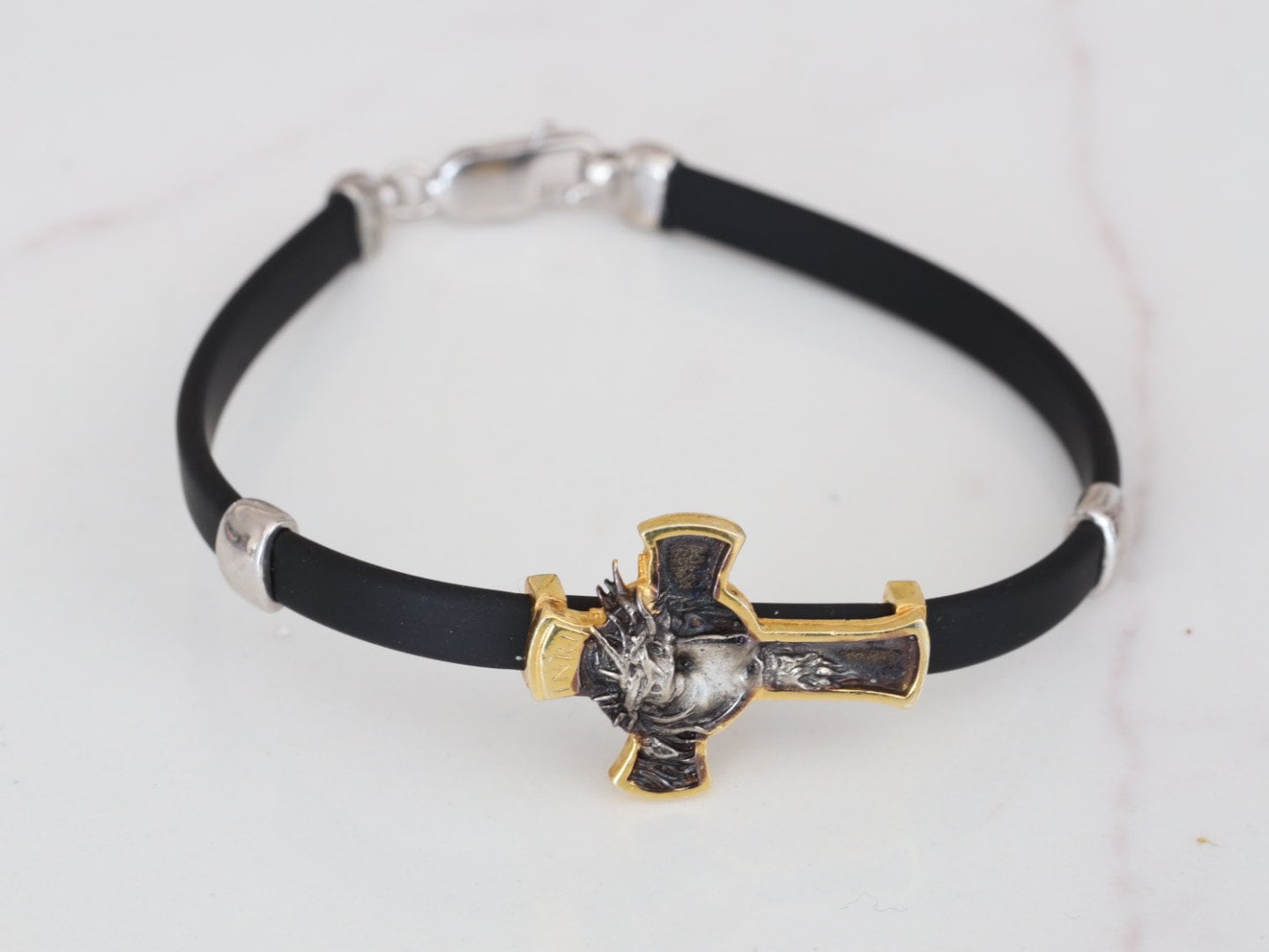 Pulsera cruzada para hombre, pulsera cruzada de plata de primera ley bañada en oro, pulsera de caucho natural con Rostro de Jesús, pulsera Rostro Santísimo