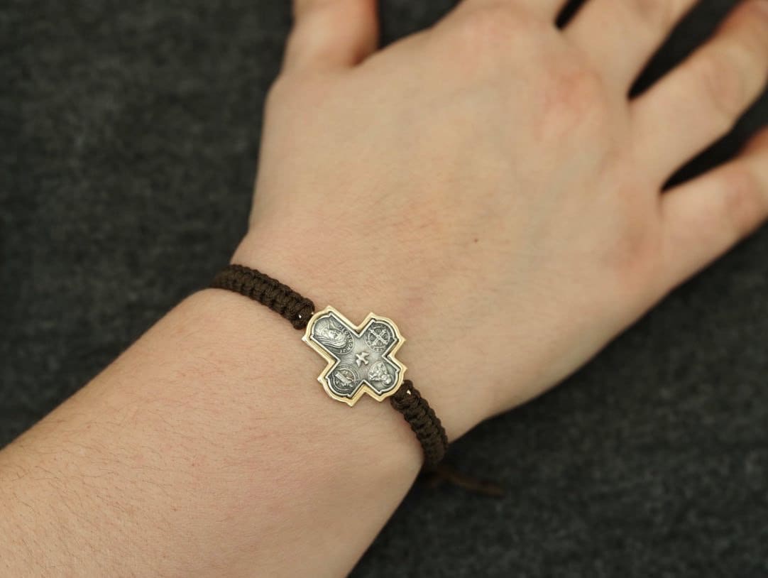 Cruz de cuatro vías de plata de ley, pulsera cruzada, San Benito, Espíritu Santo, Sagrado Corazón de Jesús, pulsera escapularia de Medjugorje, pulsera de hombre