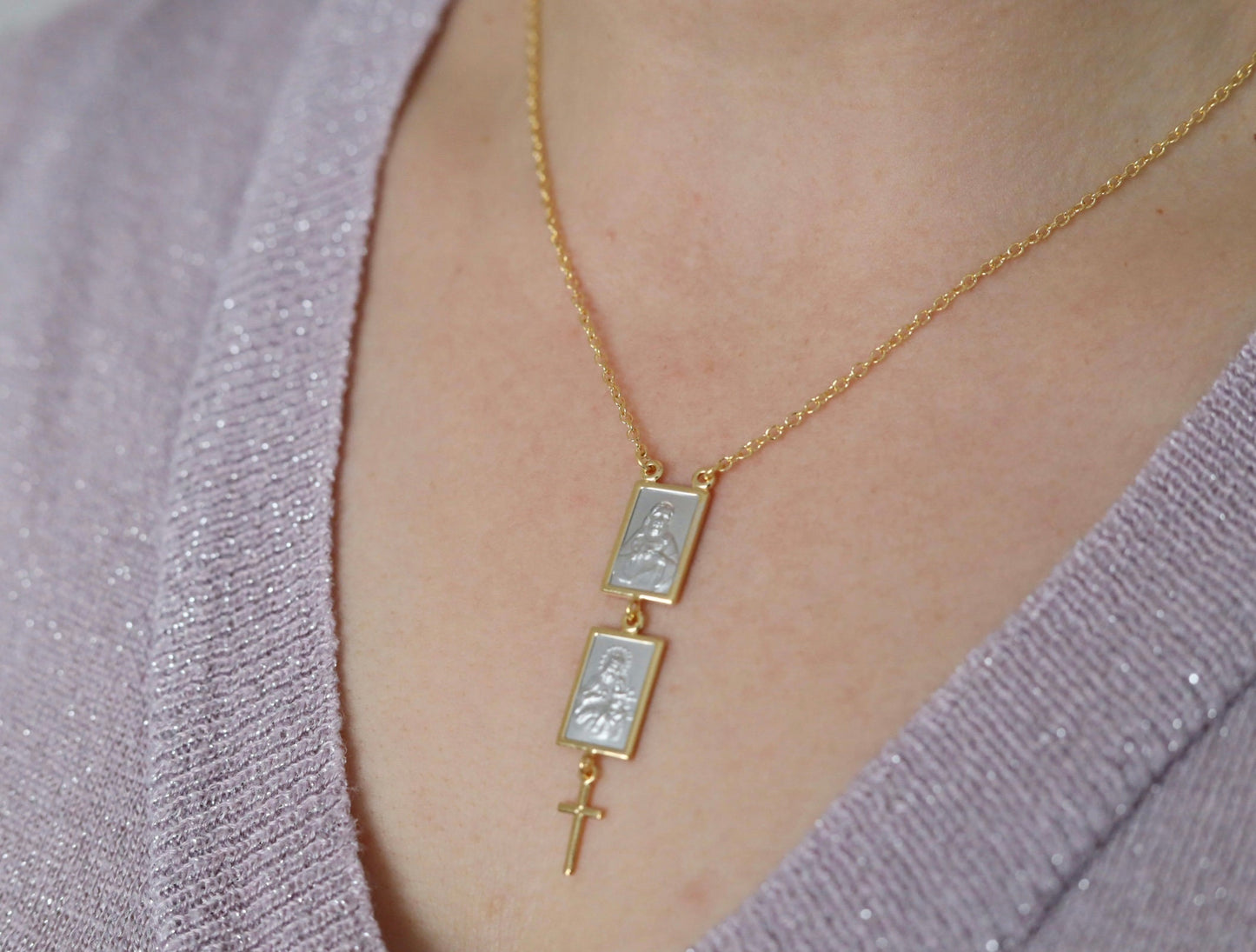 Collar escapulario de dos tonos, collar escapulario chapado en oro de plata de primera ley 925, collar de plata del Sagrado Corazón de Jesús y Nuestra Señora del Monte Carmelo