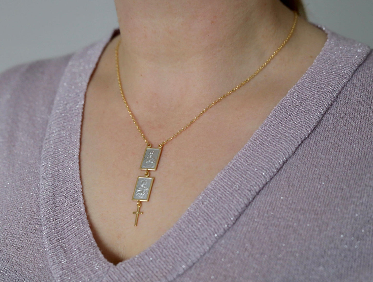 Collar escapulario de dos tonos, collar escapulario chapado en oro de plata de primera ley 925, collar de plata del Sagrado Corazón de Jesús y Nuestra Señora del Monte Carmelo