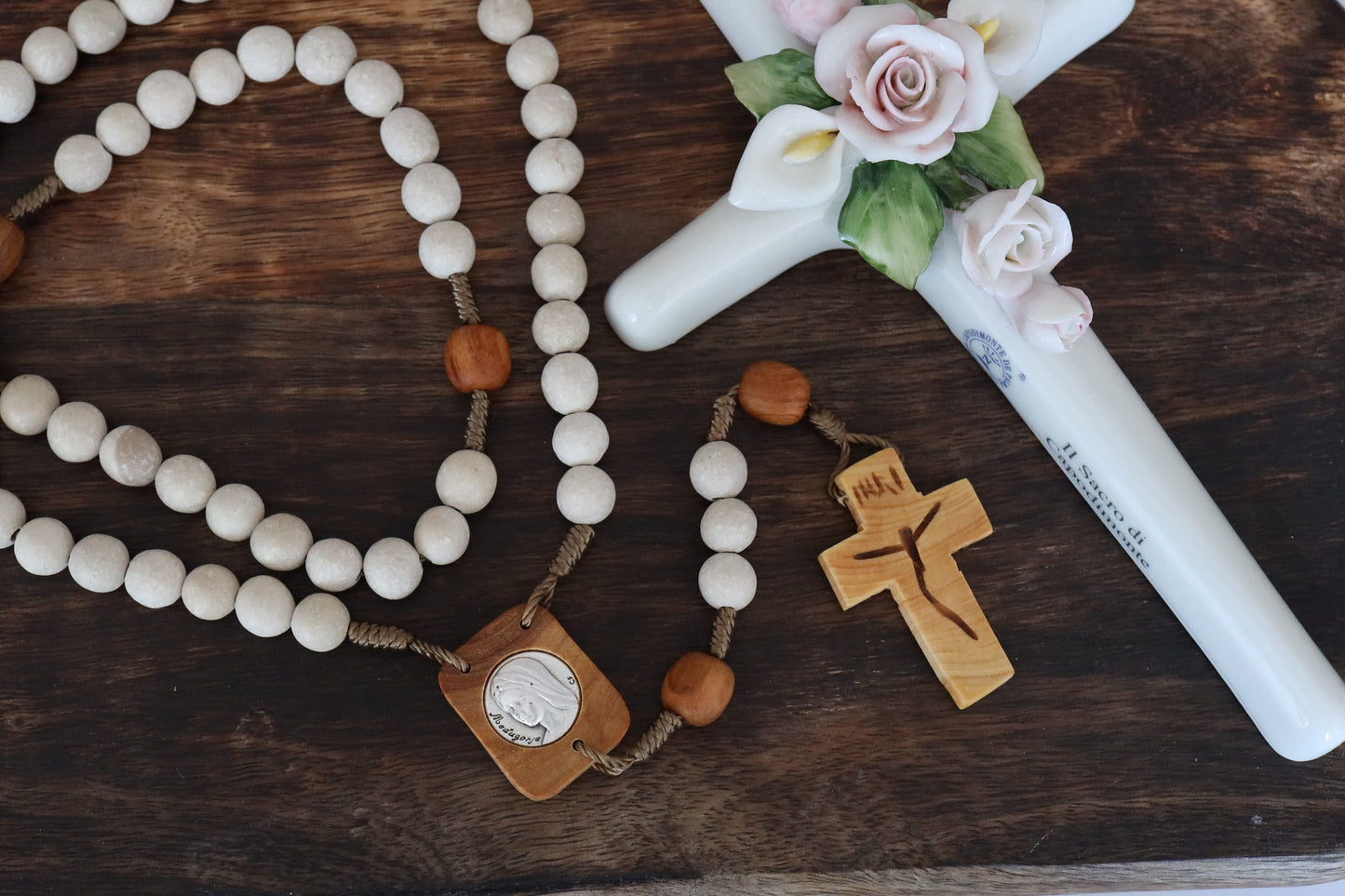 Wooden rosary, catholic rosary beads, natural stone rosary, Medjugorje rosary, Divine Mercy medal, Medjugorje medal, olive wood cross rosary