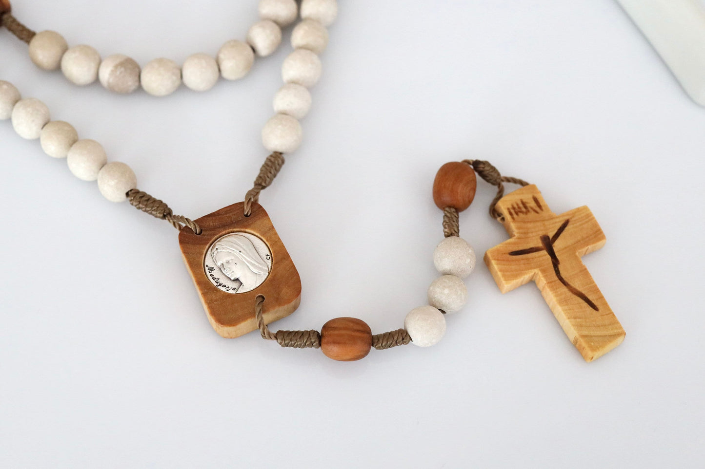 Wooden rosary, catholic rosary beads, natural stone rosary, Medjugorje rosary, Divine Mercy medal, Medjugorje medal, olive wood cross rosary
