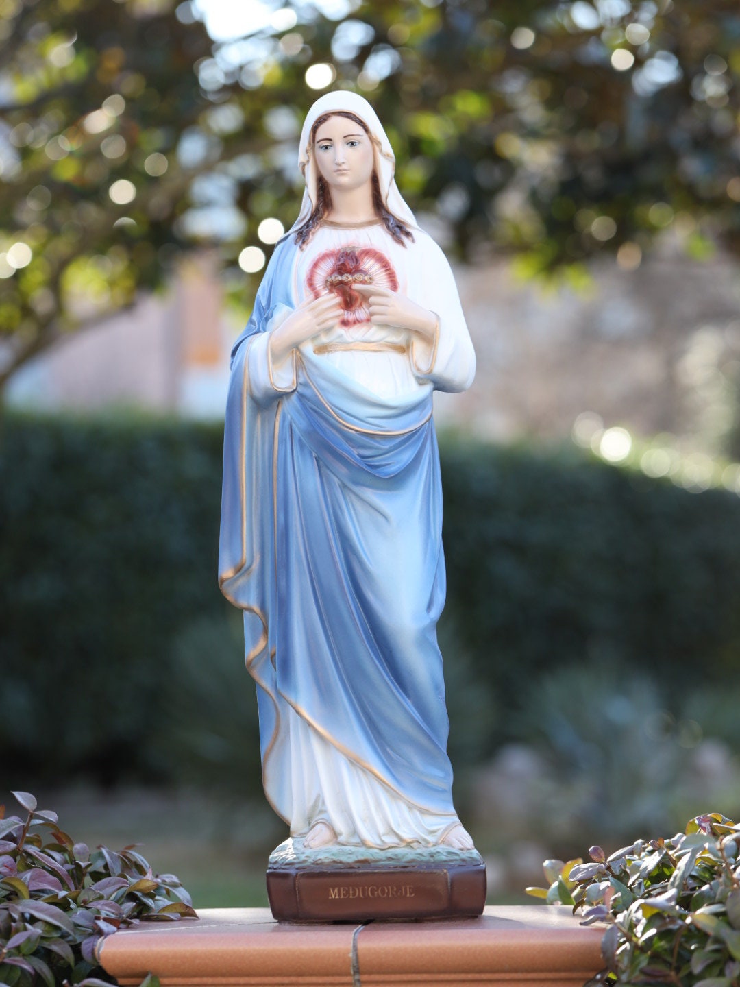 Estatua del Inmaculado Corazón de María, estatua al aire libre de la Virgen María, estatua de 25 pulgadas de Nuestra Señora, estatua del Sagrado Corazón de Medjugorje en polvo de mármol