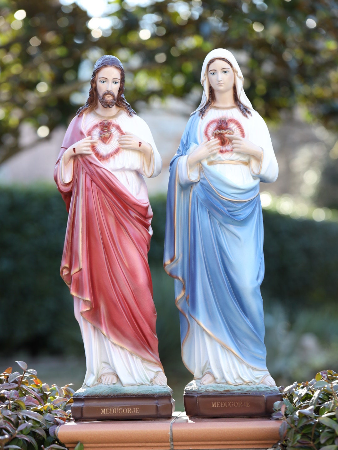 Sagrado Corazón y Corazón Inmaculado de Jesús y María, estatua exterior de Jesús y María de 25 pulgadas, estatua de polvo de mármol de Jesucristo y María