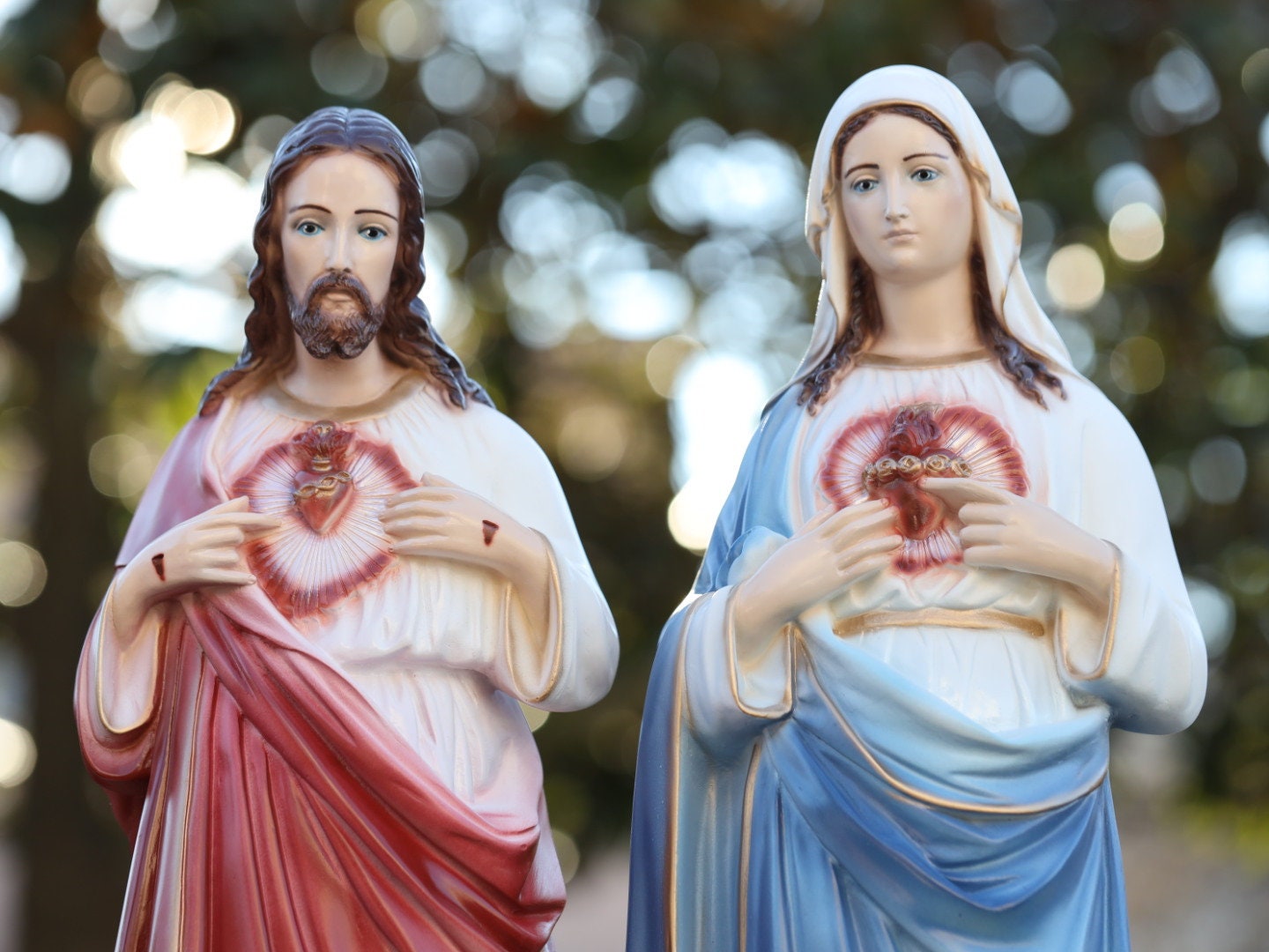 Sagrado Corazón y Corazón Inmaculado de Jesús y María, estatua exterior de Jesús y María de 25 pulgadas, estatua de polvo de mármol de Jesucristo y María