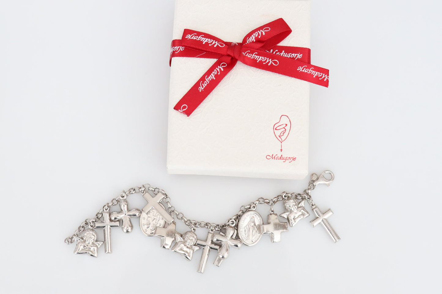 Pulsera de plata de ley con múltiples dijes, pulsera Medalla Milagrosa, pulsera cruzada, pulsera colgante con múltiples colgantes, pulsera de mujer católica