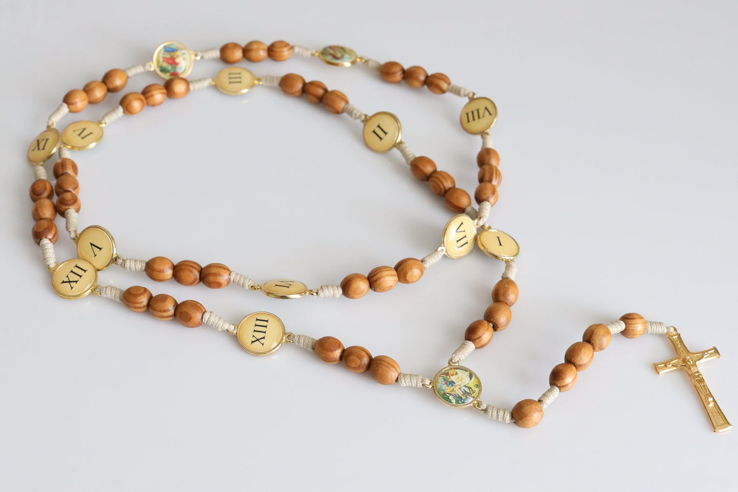 Estaciones de rosario cruzado, rosario hecho a mano, rosario devocional, rosario chapado en oro, misterio de rosario, rosario de madera, regalo para católico,