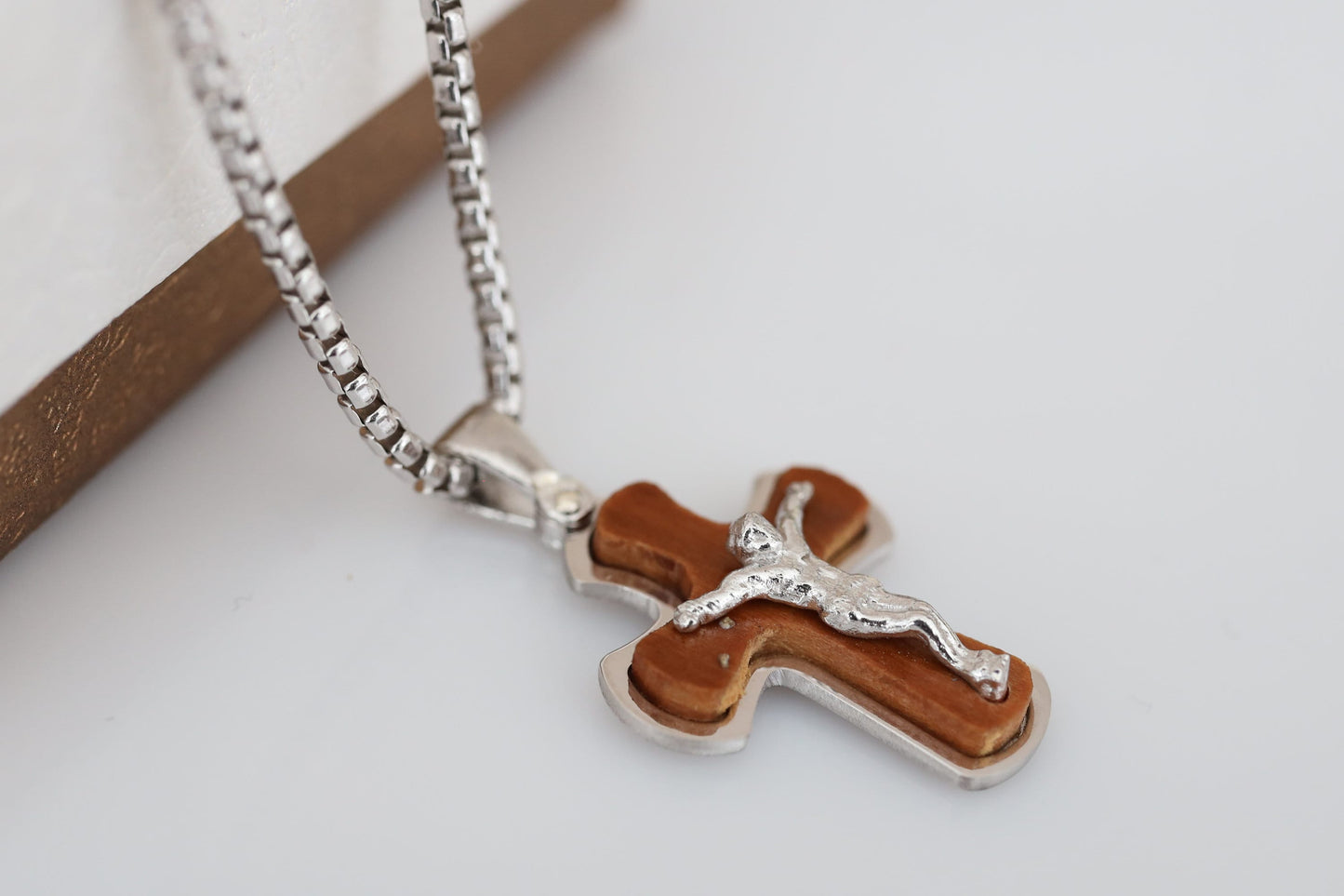 Wooden cross, sterling silver cross with olive wood, crucifix necklace for man, cross necklace, handmade wood cross, gift for catholic man