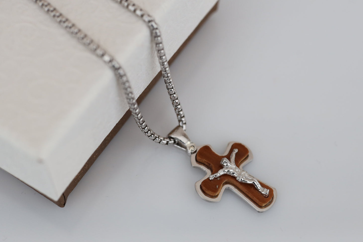 Wooden cross, sterling silver cross with olive wood, crucifix necklace for man, cross necklace, handmade wood cross, gift for catholic man