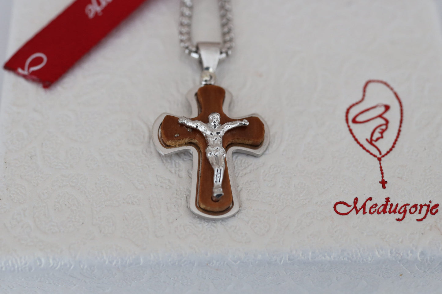 Wooden cross, sterling silver cross with olive wood, crucifix necklace for man, cross necklace, handmade wood cross, gift for catholic man