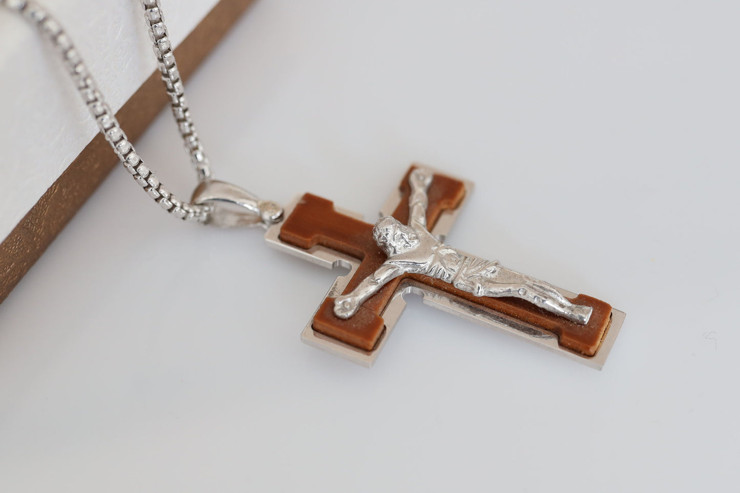 Wooden cross, sterling silver 925 cross, cross necklace for man, wooden cross necklace, catholic man gift, Medjugorje costume cross necklace